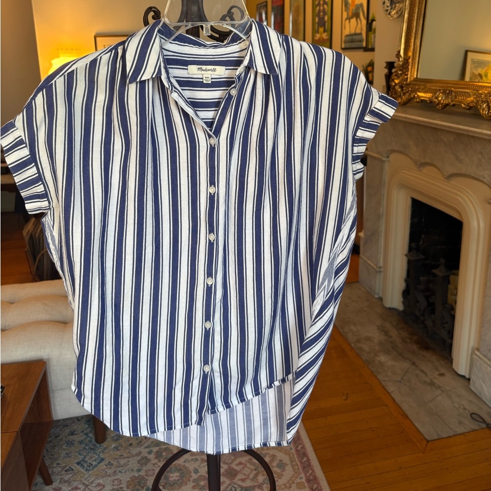 Madewell Navy and White 100% Cotton Striped Camp Collar Shirt